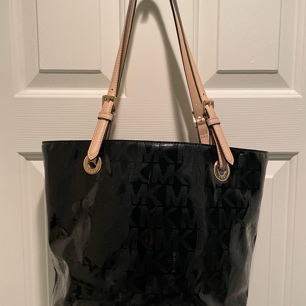 Michael Michael Kors Black Patent Leather Bag With Tan Leather Straps